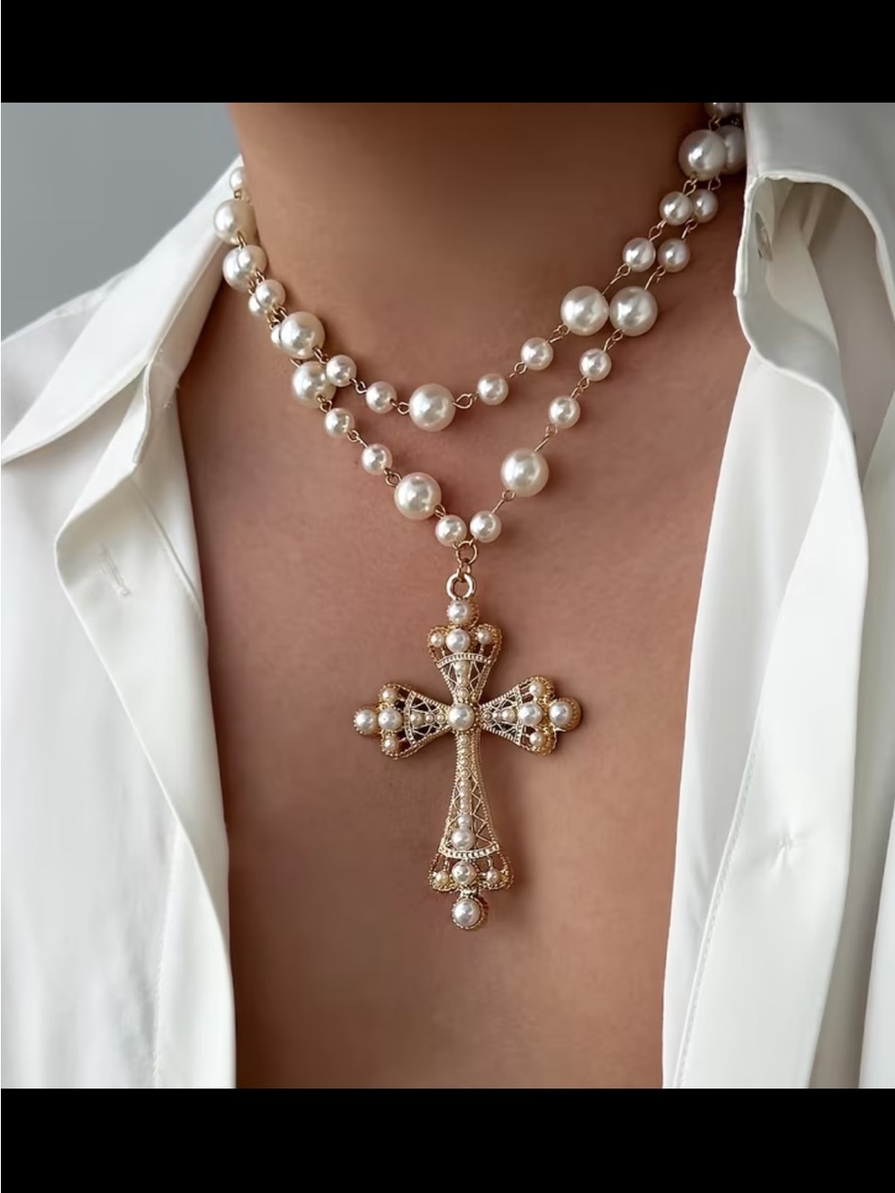 White Pearl Beaded Necklace with gold Cross Pendant